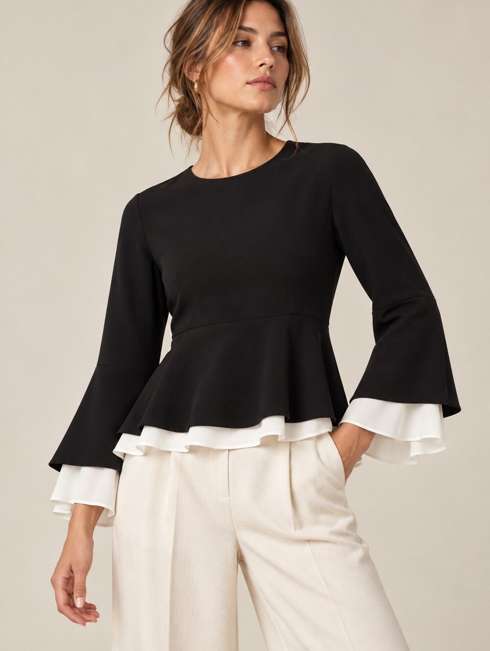 NWT CINQ A SEPT Crepe Avalon Blouse Top Layered Peplum Bell Sleeve Silk Small